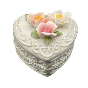 White Porcelain Heart Shaped Trinket Box Applied Handmade Flowers Pink Yellow